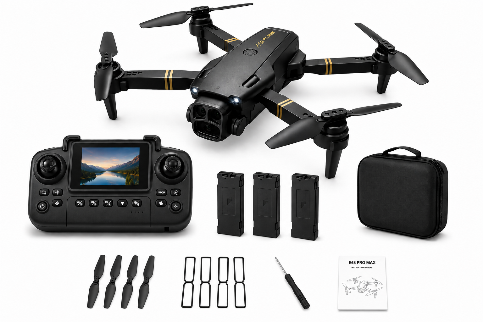 E68 Pro Max — დრონი ჩაშენებული ეკრანით